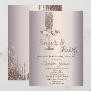 Invitation Brunch & Bubbly Fleurs Rose Fête des mariées or