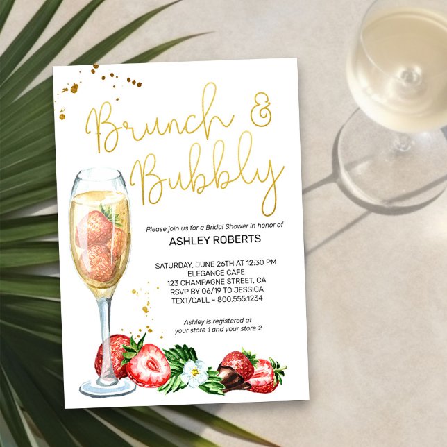 Invitation Brunch Bubbly Fraises Fête des mariées Champagne (Champagne & Strawberries Brunch and Bubbly Bridal Shower Invitation)