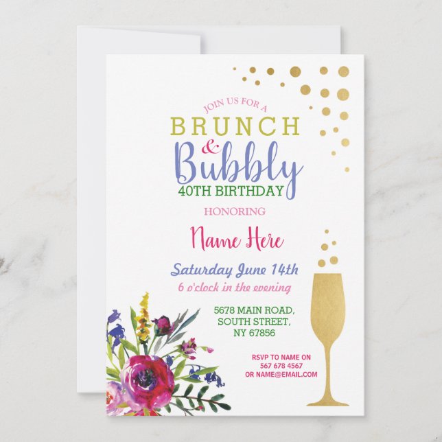 Invitation Brunch & Bubbly Gold Anniversaire Floral Invitatio (Devant)