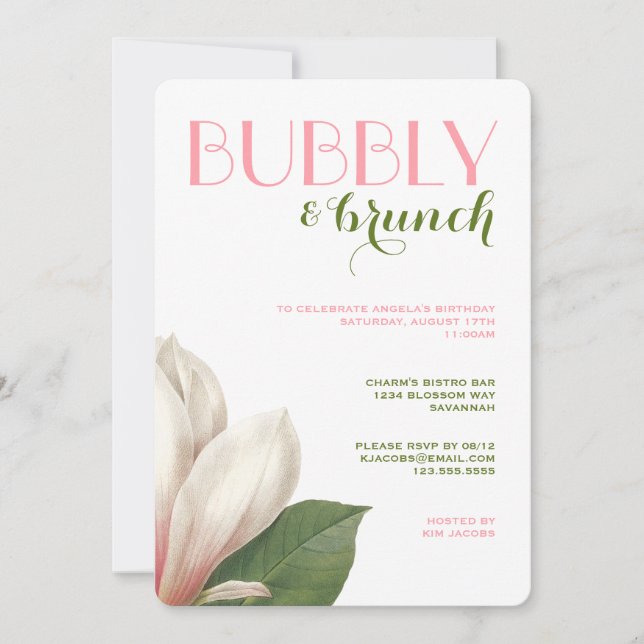 Invitation Brunch Bubbly Magnolia Sud | Blanc vert rose (Devant)