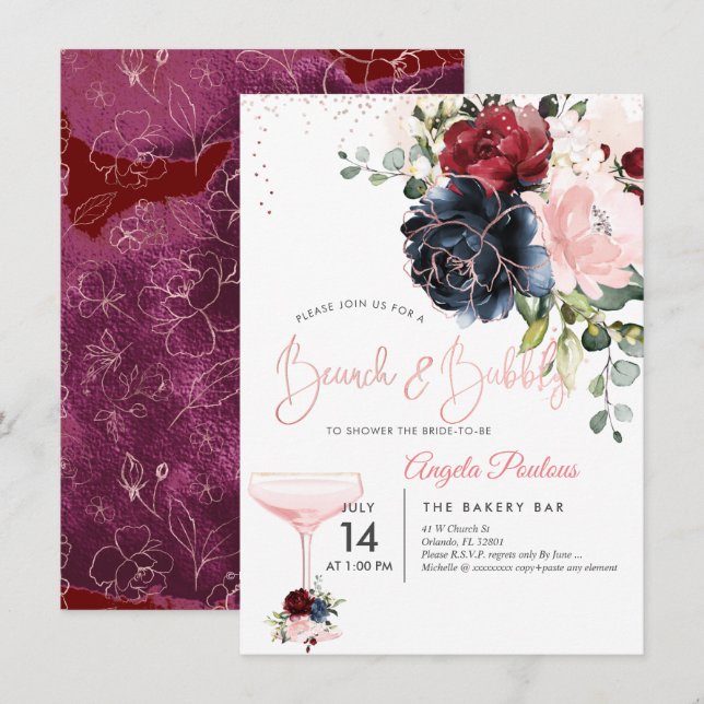 Invitation Brunch Bubbly Navy Bourgogne Blush H2 fleurs (Devant / Derrière)