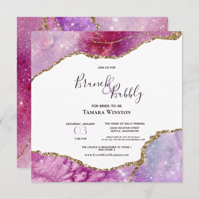 Invitation Brunch & Bubbly Pink Purple Gold Agate Douche (Devant / Derrière)