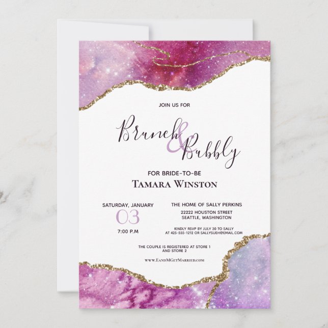 Invitation Brunch & Bubbly Pink Purple Gold Agate Douche (Devant)