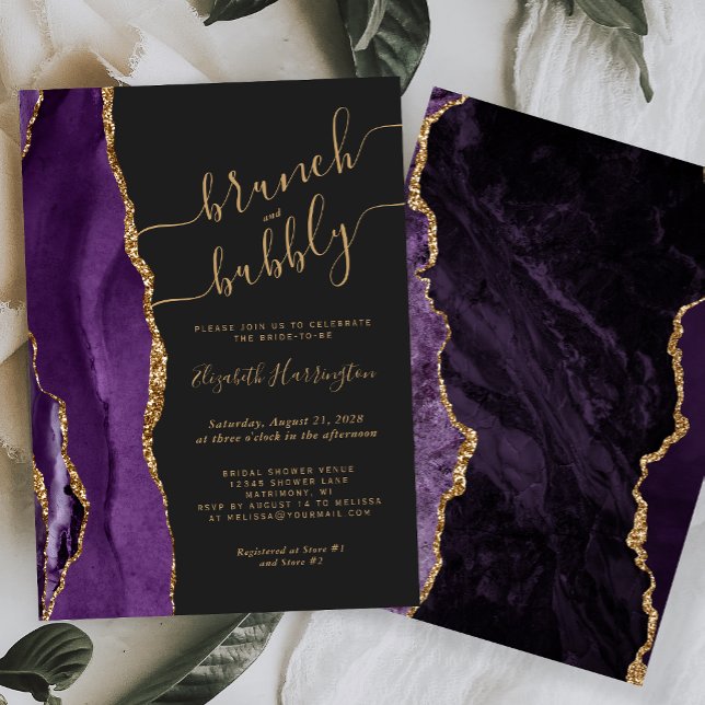Invitation Brunch & Bubbly Purple Gold Agate Dark (Créateur téléchargé)