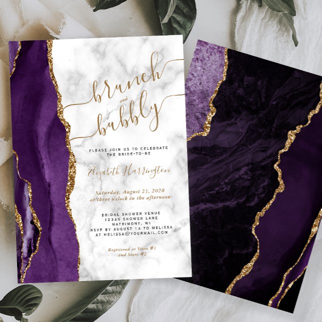 Invitation Brunch & Bubbly Purple Gold Agate Fête des mariées (Créateur téléchargé)