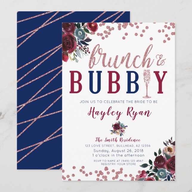 Invitation Brunch & Bubbly Rose Gold Champagne de la marine B (Devant / Derrière)