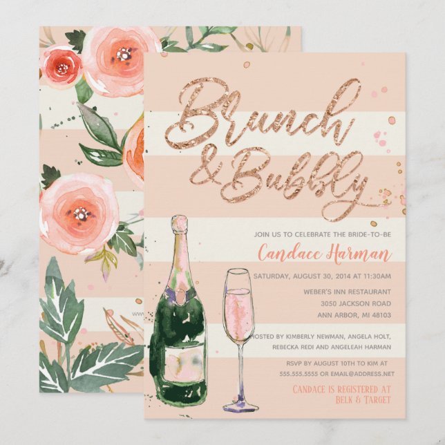 Invitation Brunch & Bubbly Rose Parties scintillant or Fête d (Devant / Derrière)