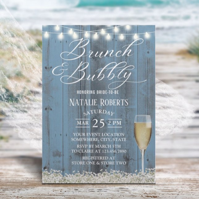 Invitation Brunch & Bubbly Rustic Dusty Fête des mariées bleu (Créateur téléchargé)