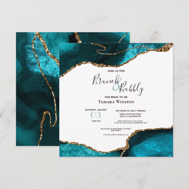 Invitation Brunch Bubbly Turquoise Gold Parties scintillant A (Devant / Derrière)