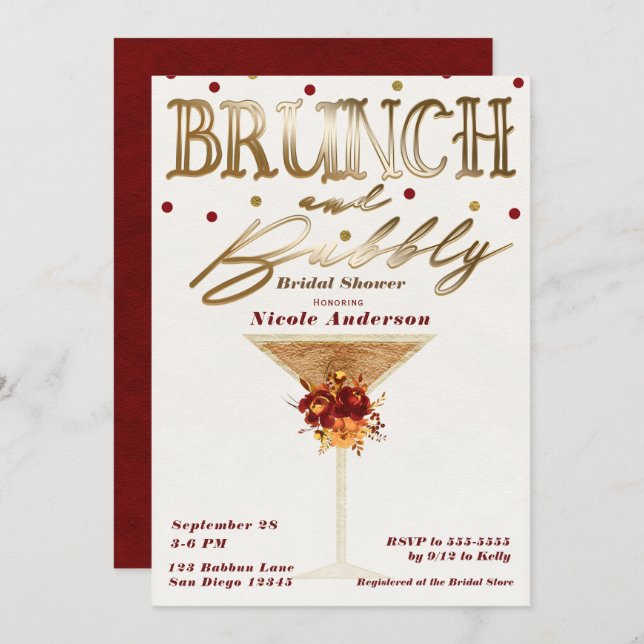 Invitation Brunch & Bubbly Vin Or Red Fall Fête des mariées (Devant / Derrière)