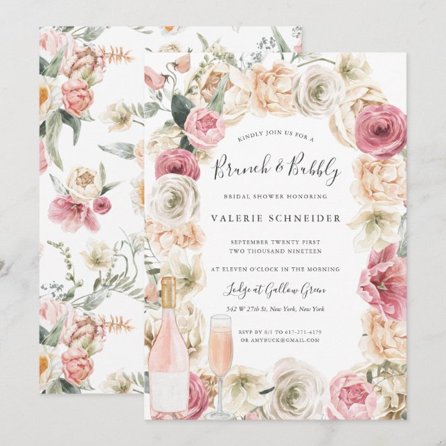 Invitation Brunch & Bubbly | Vin rosé Fête des mariées floral (Devant / Derrière)