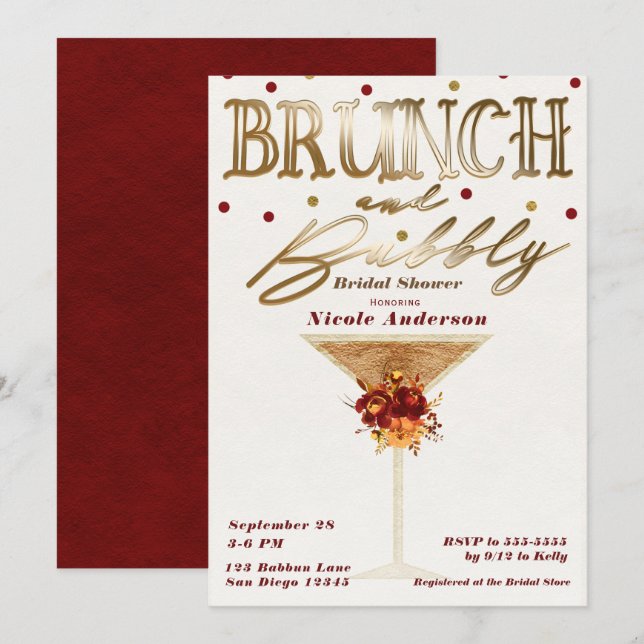 Invitation Brunch & Bubbly Vin Rouge Doré Automnal Enterremen (Devant / Derrière)