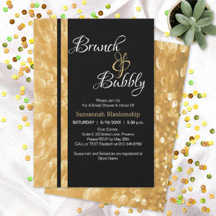 Invitation Brunch bulles de Champagne Noir & Or et Bubbly
