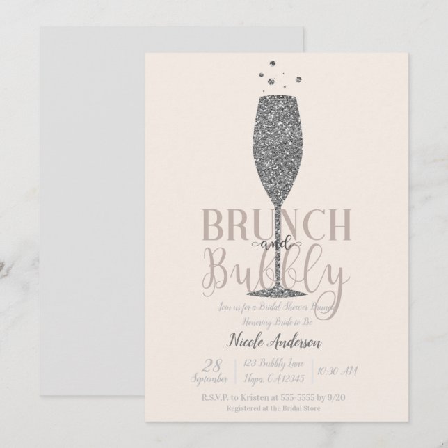 Invitation Brunch champagne & Fête des mariées Bubbly Argent (Devant / Derrière)