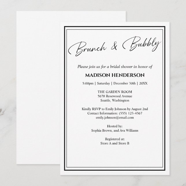 Invitation Brunch classique Fête des mariées noir et blanc (Devant / Derrière)
