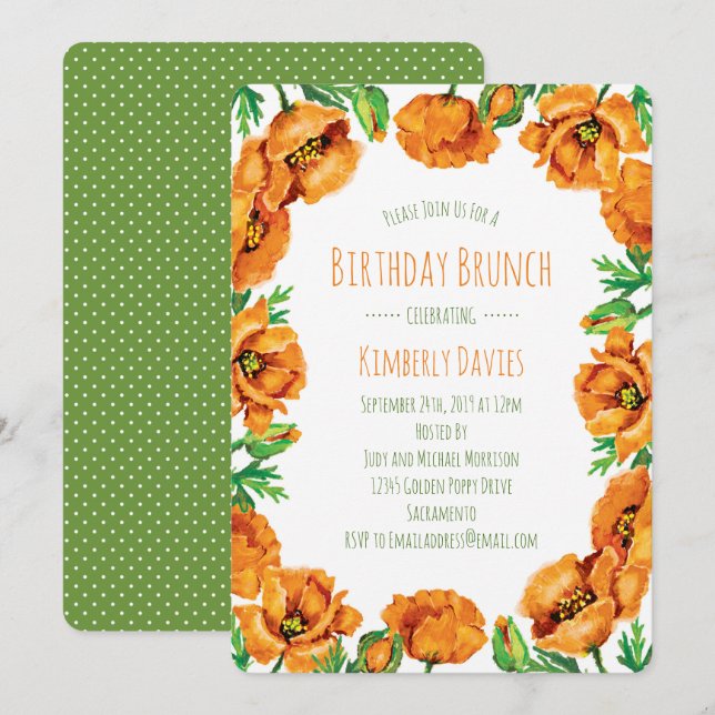 Invitation Brunch d'anniversaire du Pavot d'Orange (Devant / Derrière)