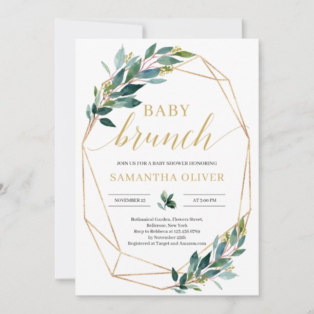 Invitation Brunch de bébé géométrique vert eucalyptus or (Devant)