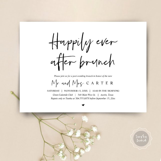 Invitation Brunch de bonheur éternel, après mariage (Happily Ever After Brunch Invitation Card, Post wedding, Modern Script, Timeless Black and White)
