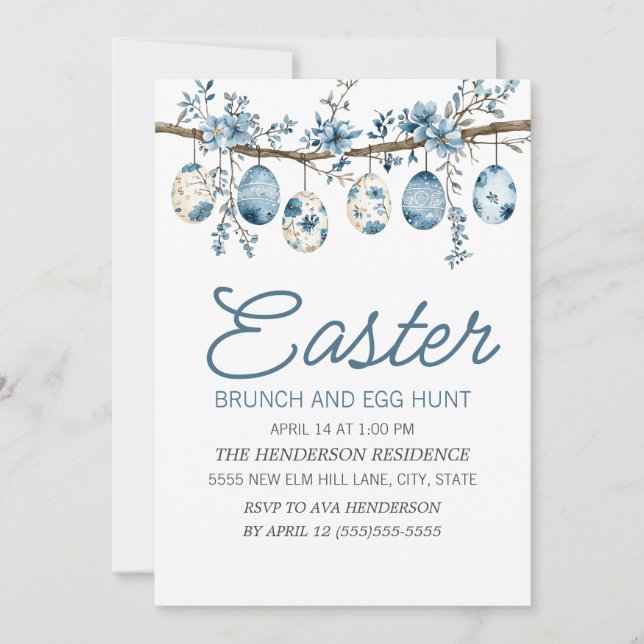 Invitation Brunch de chasse aux oeufs de Pâques bleu (Devant)