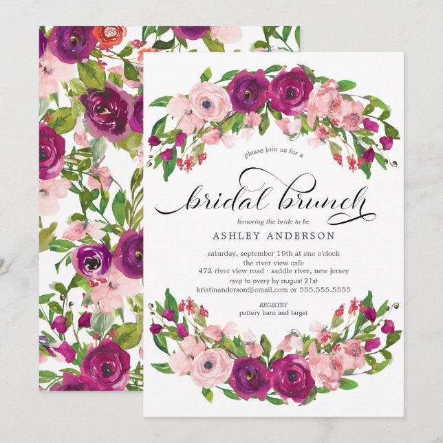 Invitation Brunch de Fête des mariées florale rose et marsala (Devant / Derrière)