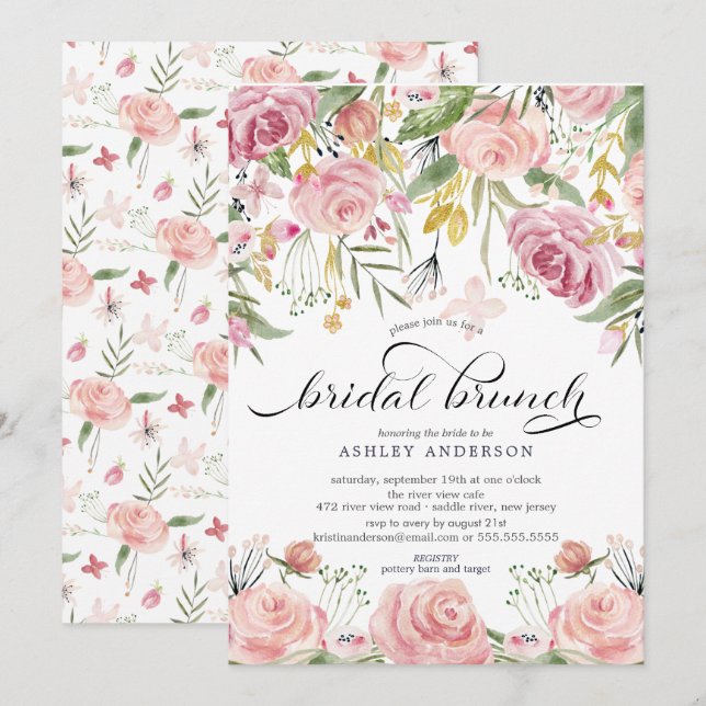 Invitation Brunch de Fête des mariées florale rose pâle (Devant / Derrière)