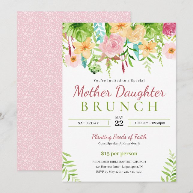 Invitation Brunch de Fille et Mère Floral de Printemps pour l (Devant / Derrière)