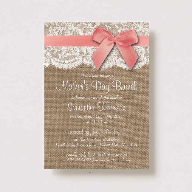 Invitation Brunch de la Fête des Mères Burlap, dentelle et po (Créateur téléchargé)