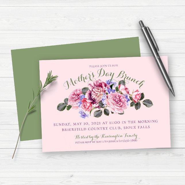 Invitation Brunch de la Fête des mères florales rose printemp (Créateur téléchargé)