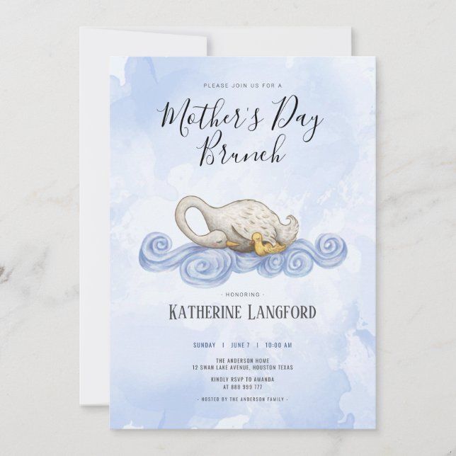 Invitation Brunch de la mère de jour de l'aquarelle de cygne (Devant)
