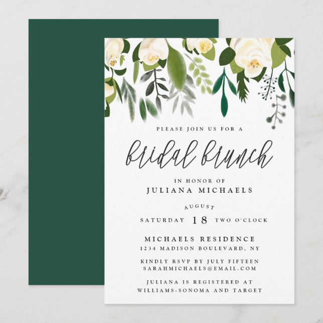 Invitation Brunch de mariage botanique ivoire et vert (Devant / Derrière)