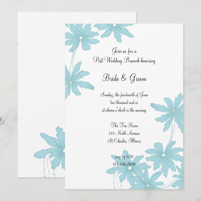 Invitation Brunch de Mariage Fleurs Bleues Clair Après Noces (Devant / Derrière)