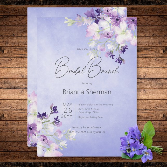 Invitation Brunch de mariage floral aquarelle violet rustique (Rustic Purple Watercolor Floral Bridal Brunch Invitation)