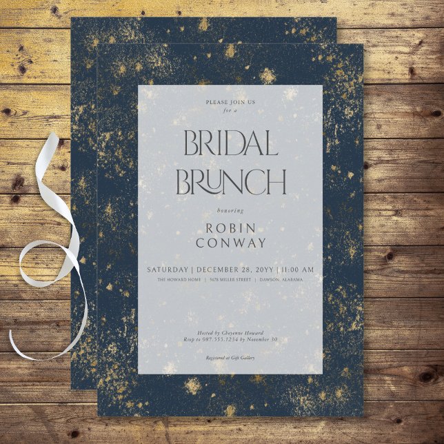 Invitation Brunch de mariage minimal bleu et or pailleté mode (Modern Minimal Blue & Gold Glitter Bridal Brunch Invitation)