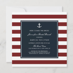 Invitation Brunch de mariage naval rayures bleues et rouges