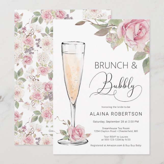 Invitation Brunch de mariage Rose rose et Mimosa pétillant (Devant / Derrière)
