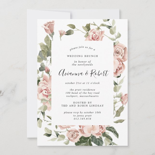 Invitation Brunch de mariage rustique rose après la cérémonie (Devant)