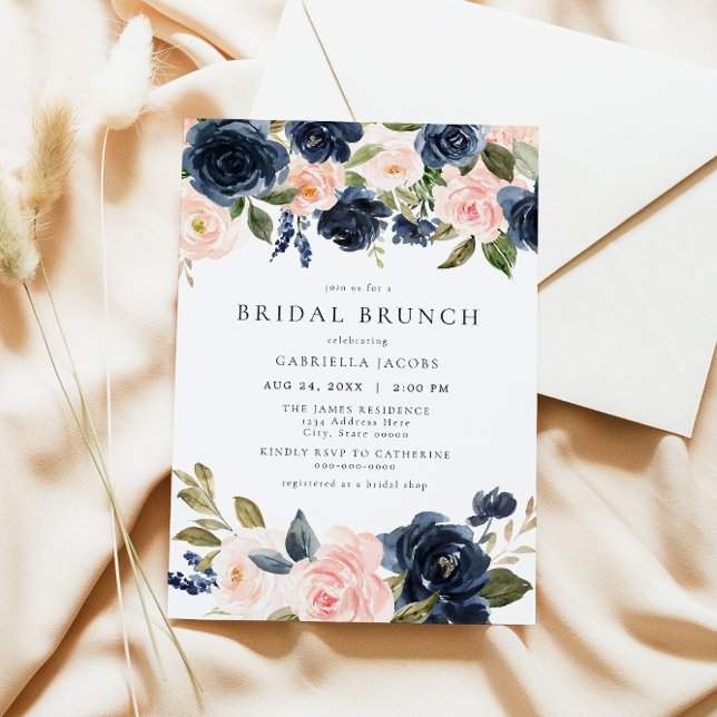 Invitation Brunch de mariée floral Blush Marine Romantique &  (Créateur téléchargé)