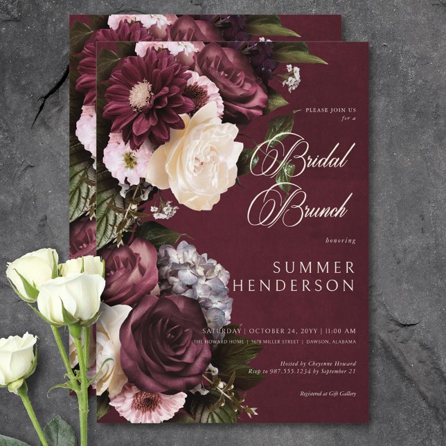 Invitation Brunch de mariée floral noir et épais bordeaux et  (Dark Elegant Burgundy & Cream Floral Bridal Brunch Invitation)
