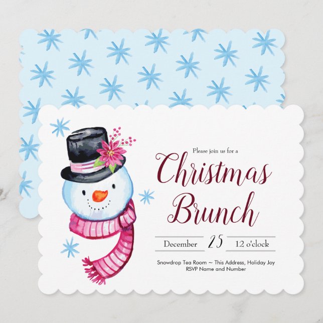 Invitation Brunch de Noël Couleur d'eau douce Snowman Script (Devant / Derrière)