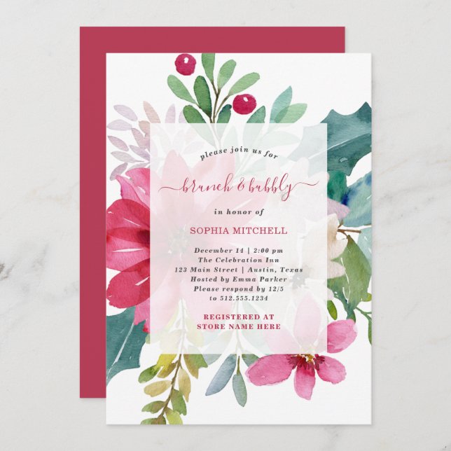 Invitation Brunch de Noël et Bubbly | Floral (Devant / Derrière)