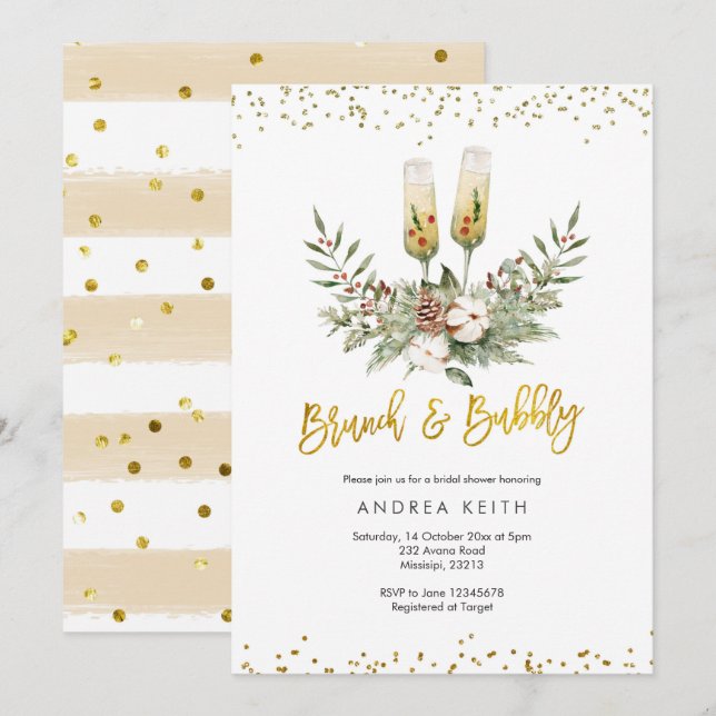 Invitation Brunch de Noël Or et Fête des mariées Bubbly (Devant / Derrière)