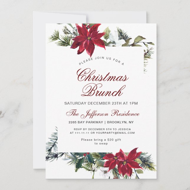Invitation Brunch de Noël Rouge Poinsettia Aquarelle Florale (Devant)