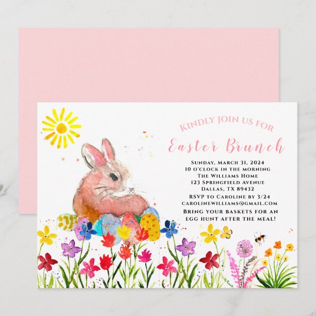 Invitation Brunch de Pâques Aquarelle Lapin Oeufs de lapin Fl (Devant / Derrière)