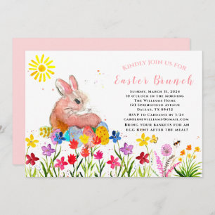 Invitation Brunch de Pâques Aquarelle Lapin Oeufs de lapin Fl