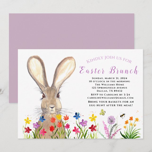 Invitation Brunch de Pâques Aquarelle Lapin Oeufs de lapin Fl (Devant / Derrière)