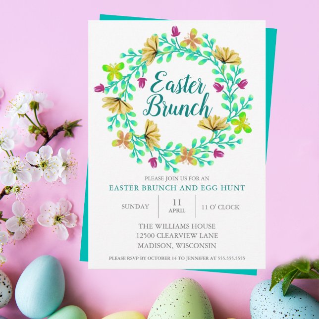 Invitation Brunch de Pâques Bright Turquoise Floral Élégant (Créateur téléchargé)