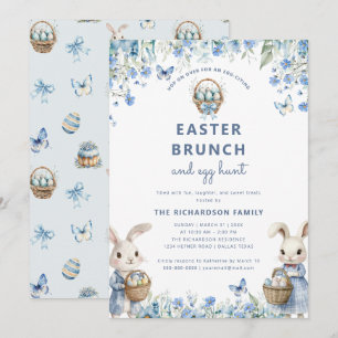 Invitation Brunch de Pâques & Chasse aux Oeufs Cute Bleu Lapi