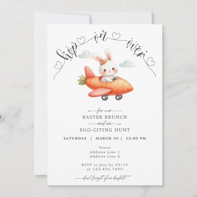 Invitation Brunch de Pâques & Chasse aux Oeufs Mignonne lapin (Devant)