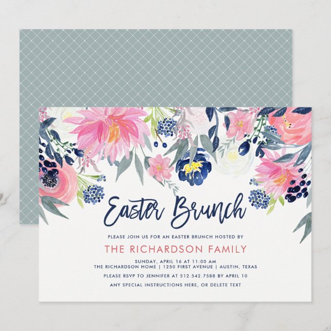 Invitation Brunch de Pâques en fleurs de la marine et des ble (Devant / Derrière)