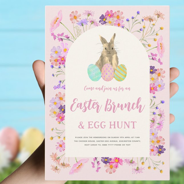 Invitation Brunch de Pâques et chasse aux oeufs (Easter brunch and egg hunt boho wildflowers and bunny pink invitation )